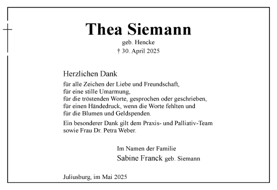 Traueranzeige von Thea Siemann von Wochenend Anzeiger
