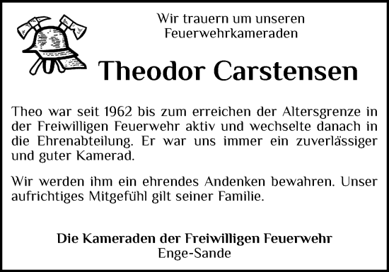 Traueranzeige von Theodor Carstensen von Husumer Nachrichten, Nordfriesland Tageblatt