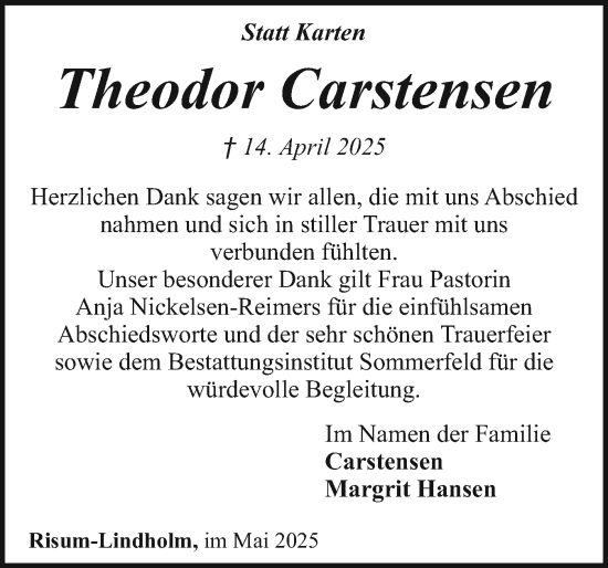 Traueranzeige von Theodor Carstensen von Husumer Nachrichten, Nordfriesland Tageblatt