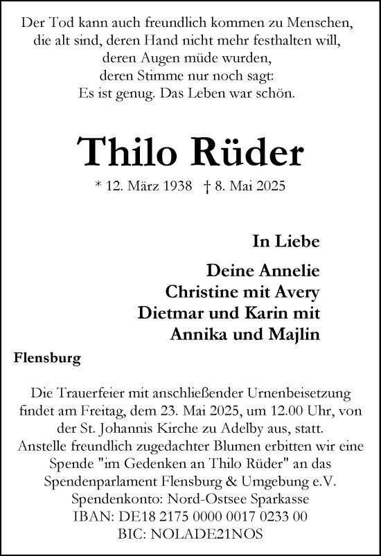 Traueranzeige von Thilo Rüder von Flensburger Tageblatt