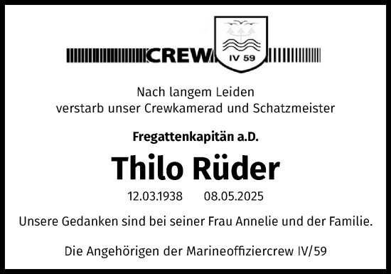 Traueranzeige von Thilo Rüder von Flensburger Tageblatt