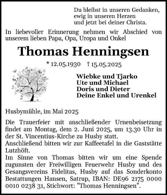 Traueranzeige von Thomas Henningsen von Flensburger Tageblatt, Schleswiger Nachrichten, Schlei-Bote