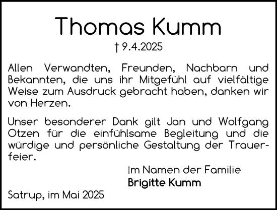 Traueranzeige von Thomas Kumm von Flensburger Tageblatt