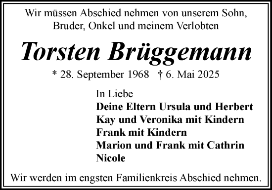 Traueranzeige von Torsten Brüggemann von Flensburger Tageblatt