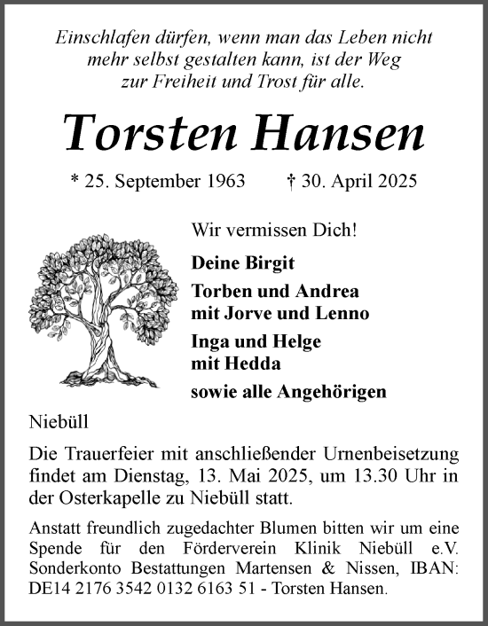 Traueranzeige von Torsten Hansen von Husumer Nachrichten, Nordfriesland Tageblatt