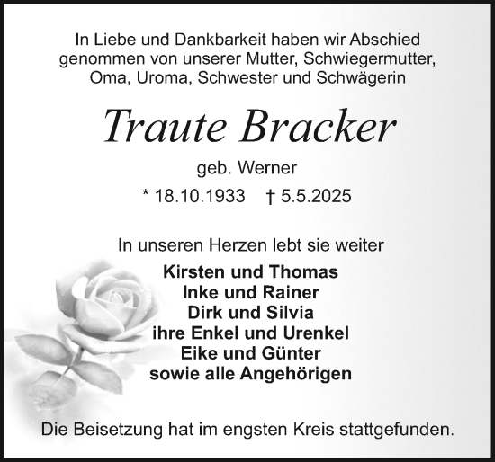 Traueranzeige von Traute Bracker von Holsteinischer Courier