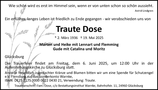 Traueranzeige von Traute Dose von Flensburger Tageblatt
