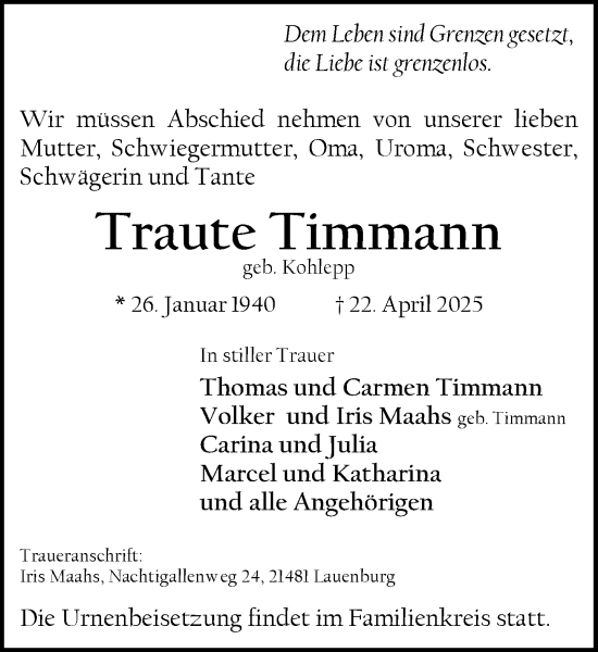 Traueranzeige von Traute Timmann von Wochenend Anzeiger
