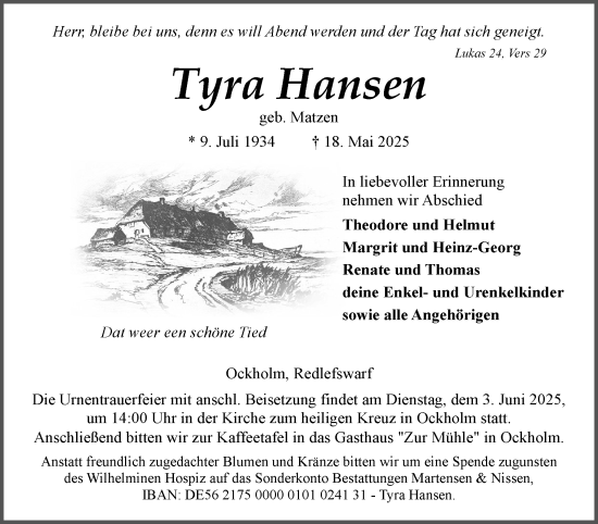 Traueranzeige von Tyra Hansen von Husumer Nachrichten, Nordfriesland Tageblatt