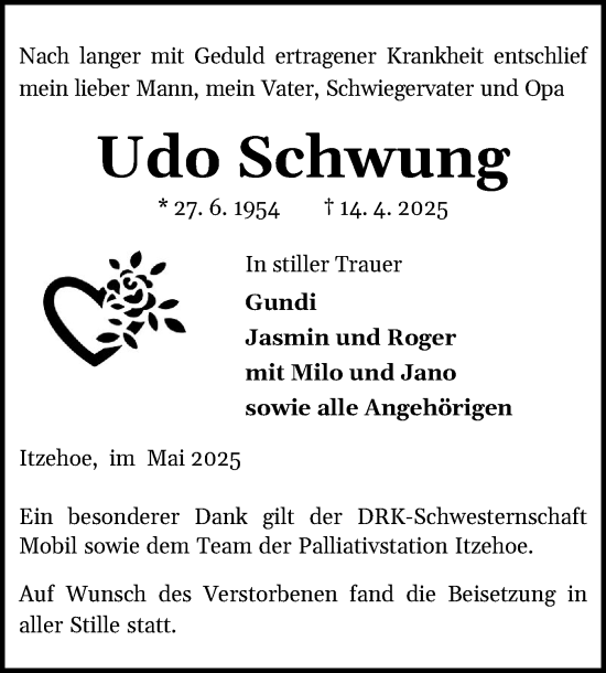Traueranzeige von Udo Schwung von Norddeutsche Rundschau, Wilstersche Zeitung, Glückstädter Fortuna