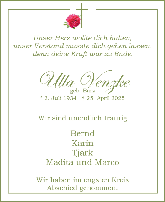 Traueranzeige von Ulla Venzke von Uetersener Nachrichten, Der tip am Wochenende