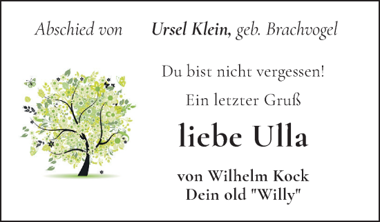 Traueranzeige von Ursel Klein von Wedel-Schulauer Tageblatt, tip Wedel-Schulauer Tageblatt, tip Rissener Rundschau