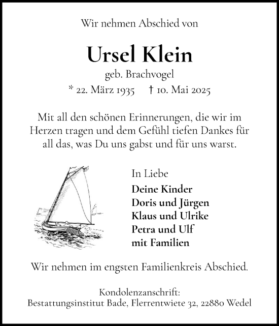 Traueranzeige von Ursel Klein von Wedel-Schulauer Tageblatt, tip Wedel-Schulauer Tageblatt, tip Rissener Rundschau