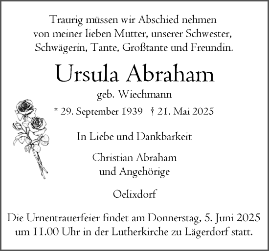 Traueranzeige von Ursula Abraham von Norddeutsche Rundschau, Wilstersche Zeitung, Glückstädter Fortuna