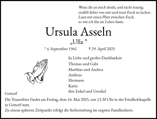 Traueranzeige von Ursula Asseln von Eckernförder Zeitung