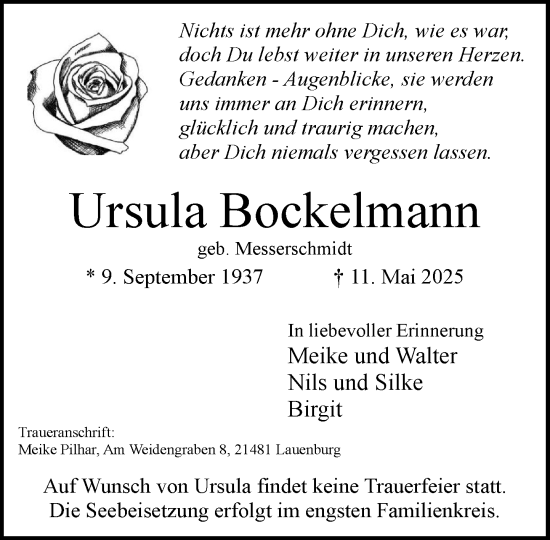 Traueranzeige von Ursula Bockelmann von Wochenend Anzeiger