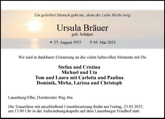 Traueranzeige von Ursula Bräuer von Wochenend Anzeiger