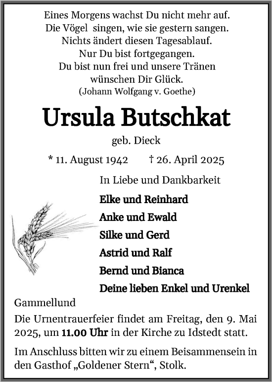 Traueranzeige von Ursula Butschkat von Flensburger Tageblatt, Schleswiger Nachrichten, Schlei-Bote