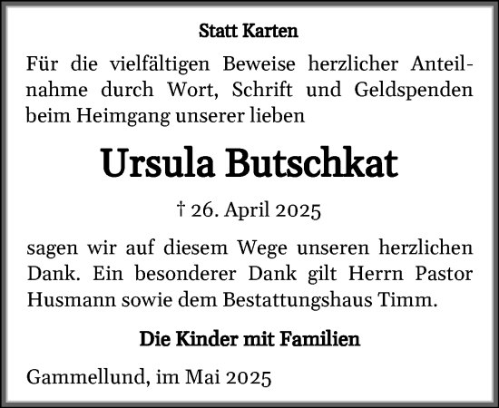 Traueranzeige von Ursula Butschkat von Flensburger Tageblatt, Schleswiger Nachrichten, Schlei-Bote
