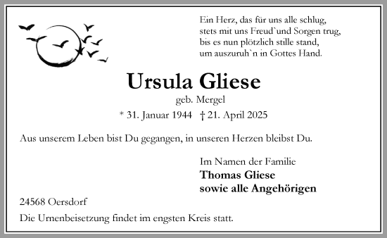 Traueranzeige von Ursula Gliese von Umschau