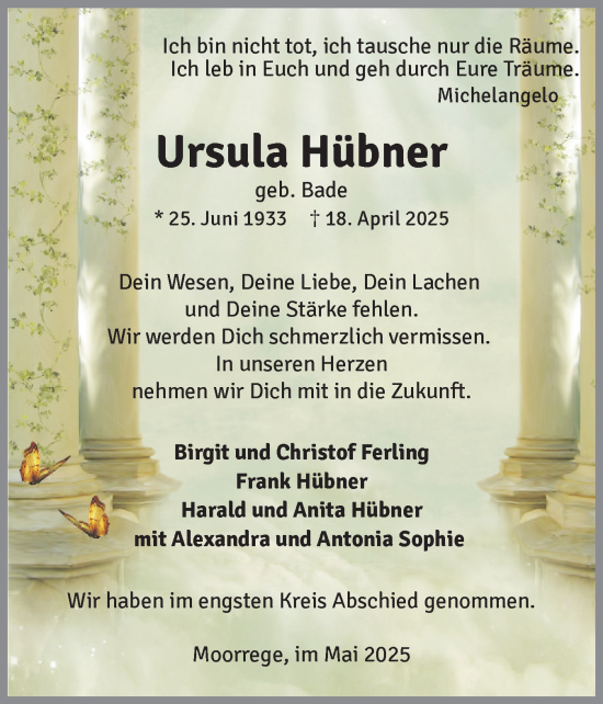 Traueranzeige von Ursula Hübner von Uetersener Nachrichten, Der tip am Wochenende