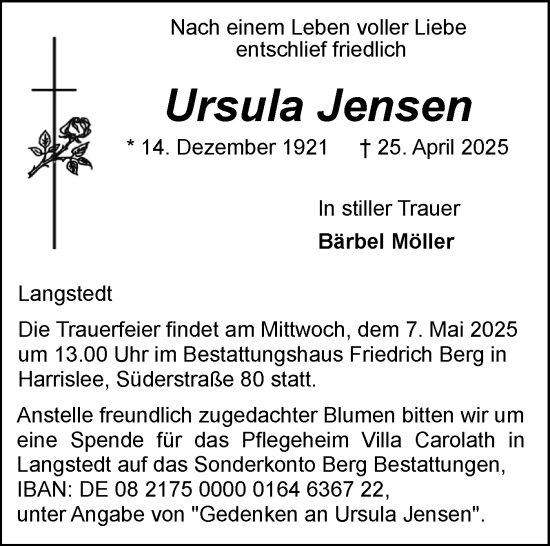 Traueranzeige von Ursula Jensen von Flensburger Tageblatt