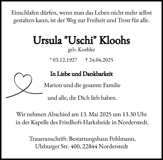 Traueranzeige von Ursula Kloohs von Umschau