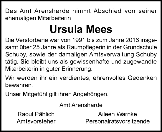 Traueranzeige von Ursula Mees von Schleswiger Nachrichten, Schlei-Bote