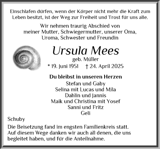 Traueranzeige von Ursula Mees von Schleswiger Nachrichten, Schlei-Bote