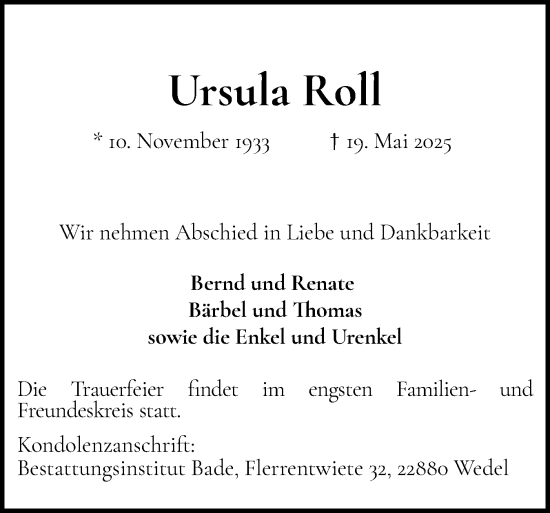 Traueranzeige von Ursula Roll von Wedel-Schulauer Tageblatt, tip Wedel-Schulauer Tageblatt, tip Rissener Rundschau