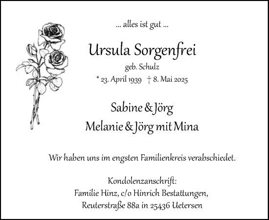 Traueranzeige von Ursula Sorgenfrei von Uetersener Nachrichten, Der tip am Wochenende