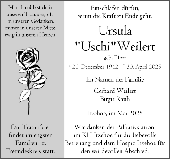 Traueranzeige von Ursula Weilert von Norddeutsche Rundschau, Wilstersche Zeitung, Glückstädter Fortuna