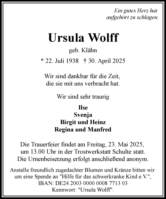 Traueranzeige von Ursula Wolff von Wochenend Anzeiger