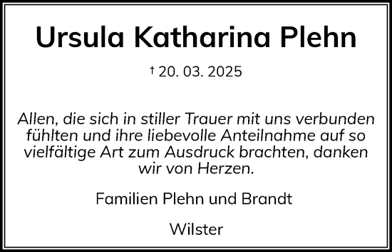 Traueranzeige von Ursula Katharina Plehn von Norddeutsche Rundschau, Wilstersche Zeitung, Glückstädter Fortuna