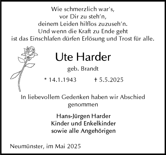 Traueranzeige von Ute Harder von Holsteinischer Courier