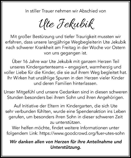 Traueranzeige von Ute Jekubik von MARKT Walddörfer