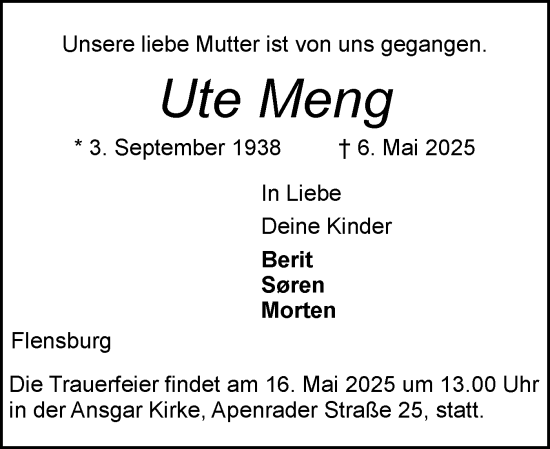 Traueranzeige von Ute Meng von Flensburger Tageblatt