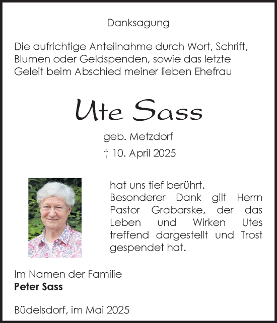 Traueranzeige von Ute Sass von Schleswig-Holsteinische Landeszeitung