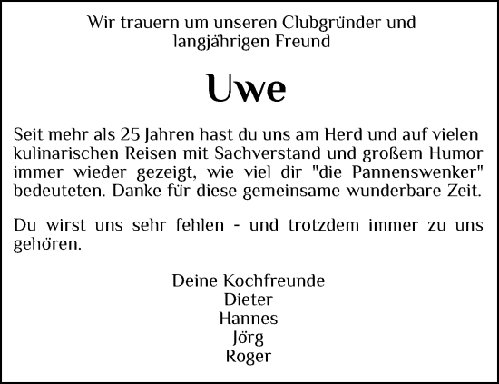Traueranzeige von Uwe  von Schleswig-Holsteinische Landeszeitung