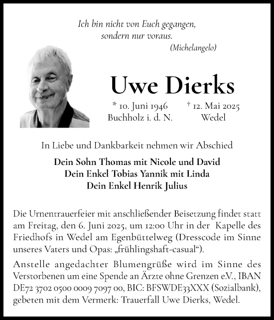 Traueranzeige von Uwe Dierks von Wedel-Schulauer Tageblatt, tip Wedel-Schulauer Tageblatt, tip Rissener Rundschau