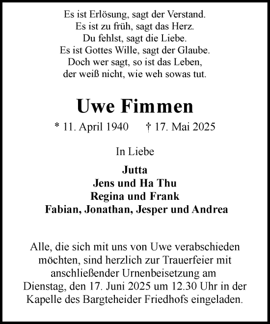 Traueranzeige von Uwe Fimmen von MARKT Ahrensburg/Bargteheide/Trittau und Stormarner Tageblatt