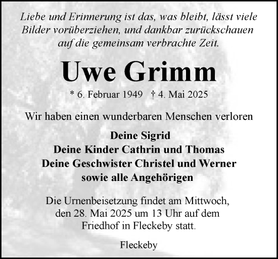 Traueranzeige von Uwe Grimm von Eckernförder Zeitung, Hallo Eckernförde