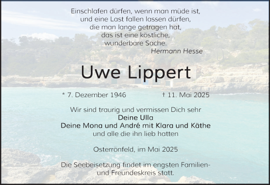 Traueranzeige von Uwe Lippert von Schleswig-Holsteinische Landeszeitung