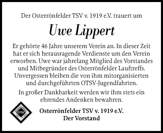 Traueranzeige von Uwe Lippert von Schleswig-Holsteinische Landeszeitung