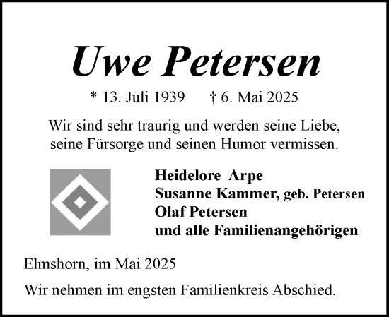 Traueranzeige von Uwe Petersen von Elmshorner Nachrichten, Barmstedter Zeitung