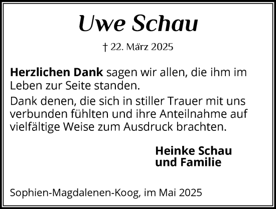 Traueranzeige von Uwe Schau von Region Flensburg