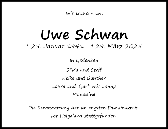 Traueranzeige von Uwe Schwan von Region Pinneberg und tip Pinneberg