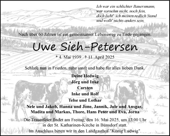 Traueranzeige von Uwe Sieh-Petersen von Schleswig-Holsteinische Landeszeitung