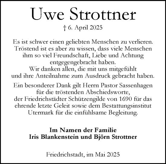 Traueranzeige von Uwe Strottner von Husumer Nachrichten, Nordfriesland Tageblatt