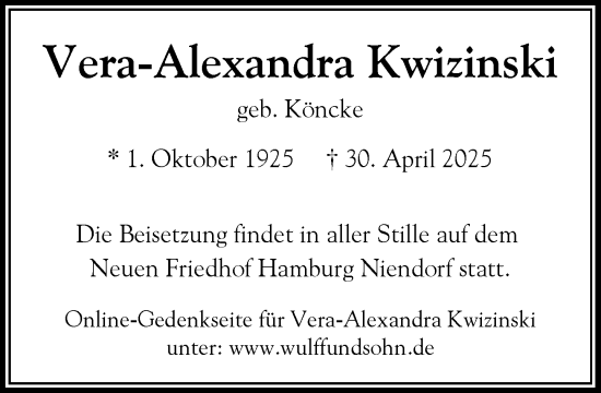 Traueranzeige von Vera-Alexandra Kwizinski von Heimatspiegel